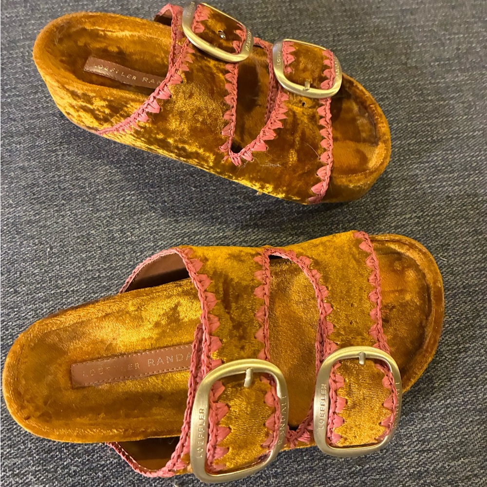 Loeffler Randall Golden Brown Velvet Slide Sandals with Pink Trim